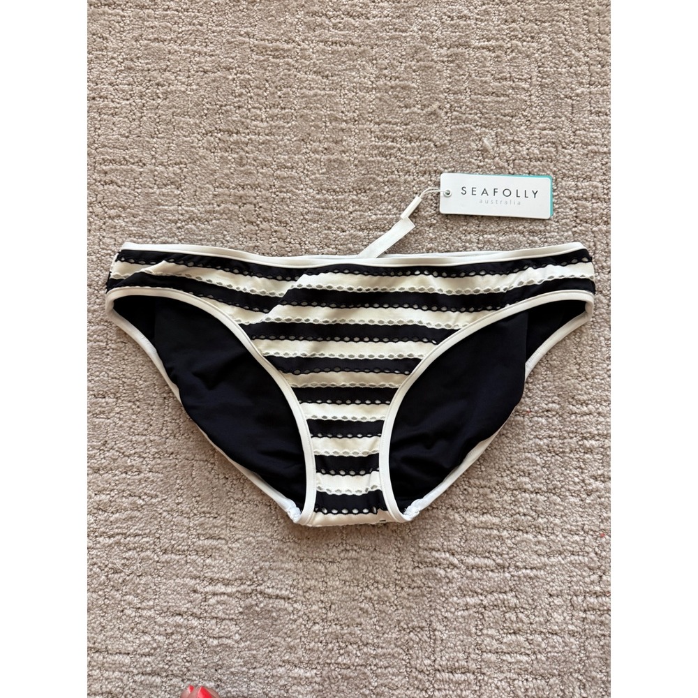 Seafolly Bikini Bottom Women 10 Black White NWT Coast‎ To Coast Striped Eyelet